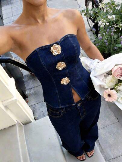 Aloruh Top tubo elástico elegante para mujer, top con forma de copa, corsé ajustado, atuendo para conciertos y festivales de música. Adecuado para conciertos, conciertos de música country, discotecas y fiestas sexys. Corsé elegante y sexy para reuniones. Top tubo ajustado con decoración floral metálica de estilo de vacaciones casual de verano para mujer