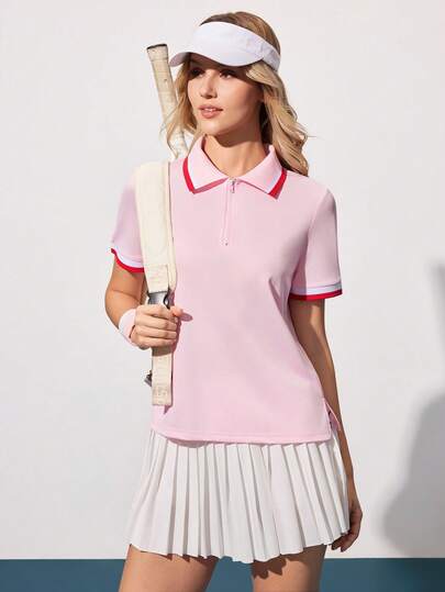 CourtClass Women's Sports Yoga Outdoor Gym Short Sleeve Polo Shirt With Contrast Collar