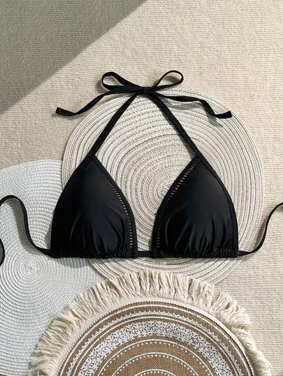 Swim Vcay 2026 New Plus Size Women Black Deep V Hollow Out Strap Swimsuit Top, Beach Vacation