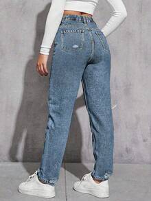 SHEIN ICON 大码女式休闲度假街头破洞无弹力浅灰色牛仔裤 - 淺色水洗藍 - 查看 2