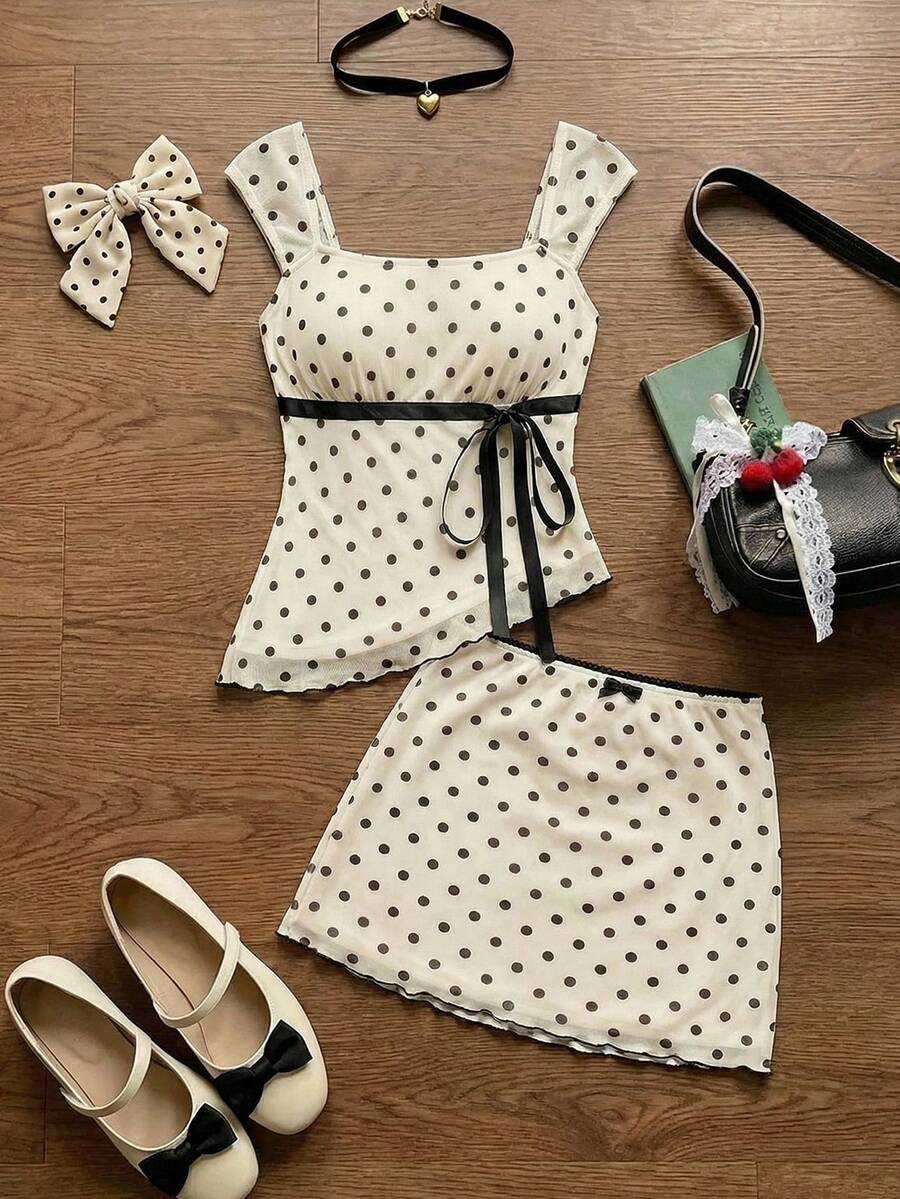 SHEIN MOD 波點蝴蝶結 2 件套:不對稱下擺上衣 & 低腰裙 - 彩色 - 查看 1