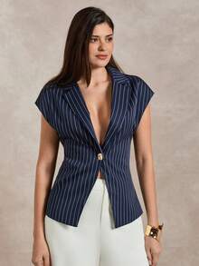 Briarwyn Women's Striped Lapel NeckSingle-Breasted Casual Blazer - Navy Blue - View 6