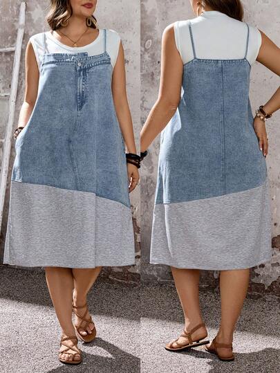 EMERY ROSE Plus Size Summer Casual Contrast Color Strap Denim Dress,Summer,Summer Outfits,Spring,Spring Outfit Women,Carnival,Carnival Costume,Party ,Beach ,Going Out,Summer Casual Dress,Plus Size Color Block Denim Dress, Asymmetrical Knit With Snow Wash, Loose A-Line Design,Vacation Outfit,Strap Denim Dress,Snow Wash Denim,Loose A-Line Denim Dress,Fashion Color Block Denim Dress,Casual Denim Strap Dress