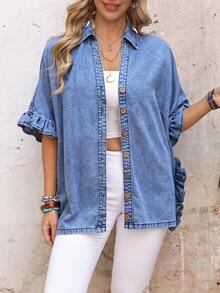 EMERY ROSE Women's Casual Vacation & Commute Ruffle Mid-Sleeve Single-Breasted Denim Jacket - Blue - View 3