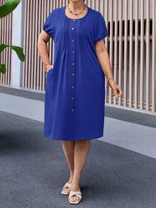 Plus Size Casual Solid Color Button Front Dress, Summer - Royal Blue - View 5