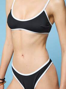 COUREZ 撞色包边抹胸比基尼上衣/Y2K夏季女士黑色比基尼可爱性感沙滩度假泳装夏季外出女士沙滩装 - 黑色 - 查看 7