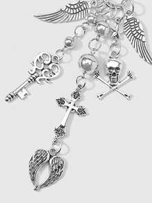 ROMWE Bộ 2 móc khóa/móc túi hình trái tim phong cách Gothic Y2K cá nhân hóa, ngọt ngào, cá tính, tối màu, màu bạc, đính ngọc trai giả, nơ, ngôi sao, xương, đầu lâu, chữ thập, cánh dơi, thích hợp cho các cặp đôi, chị em gái và bạn gái đeo hàng ngày, quà tặng ngày lễ. - Bạc - Xem 8