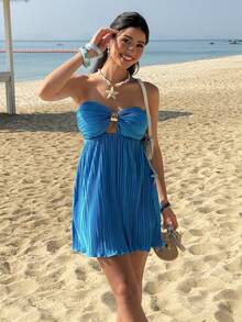 Soleia 女士 Y2K 金属装饰褶皱抹胸性感迷你连衣裙 - 藍色 - 查看 7