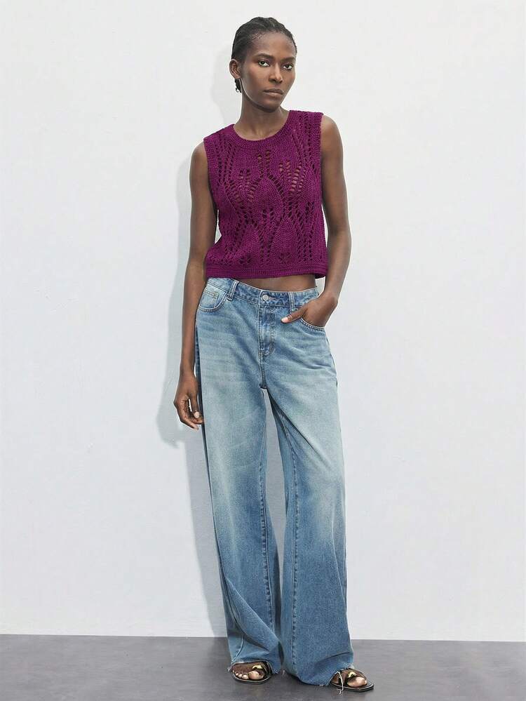 SHEIN Maija Top de Tricô Feminina Sem Mangas de Cor Sólida com Recorte, Adequada para o Dia de São Patrício, Férias da Primavera, Páscoa, Top com Recorte Feminina, Blusas Femininas para Verão, Top de Ponto Aberto, Blusas de Tricô Femininas