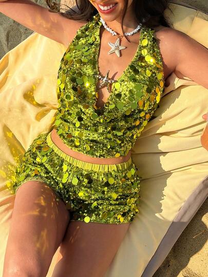 Soleia Set de 2 collares con estrella de mar de lentejuelas verdes y metal, para usar en la playa o en otoño/invierno