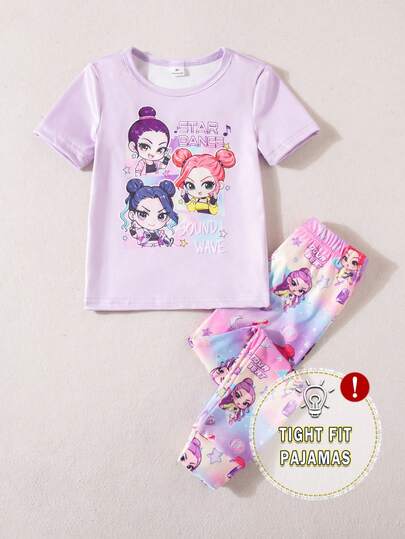 SHEIN Conjunto de pijama de 2 piezas con top de manga corta y leggings con estampado de nubes rosas, estrellas y lunas a cuadros para niñas pequeñas