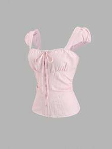 Sweetra Women's New Fashion Versatile Twist Tie Waist Button-Up Short Sleeve Shirt - Baby Pink - View 3