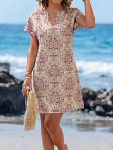 Sylviya Summer Allover Print Notched Neck Batwing Sleeve Tunic Dress - Dusty Pink - View 6