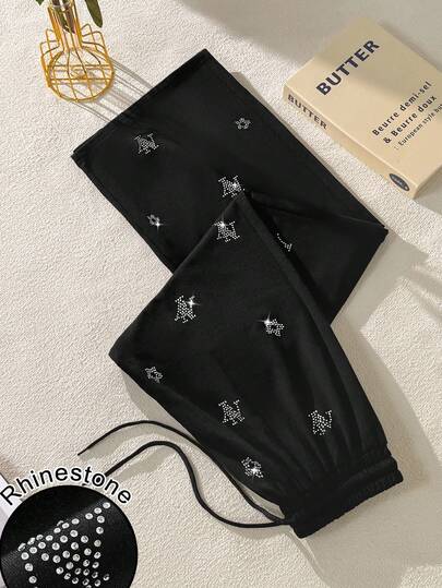 GlowEve Women's Fashionable Solid Color Rhinestone Decor High Waist Drawstring Elastic Waistband Loose Casual Sweatpants Star Pants Black Pants Winter Rhinestone Pants Jogger Pants Lounge Pants