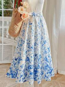 SHEIN ChillGRL Tween Girls' Sweet Gradient Floral Print A-Line Skirt, Summer - Multicolor - View 3