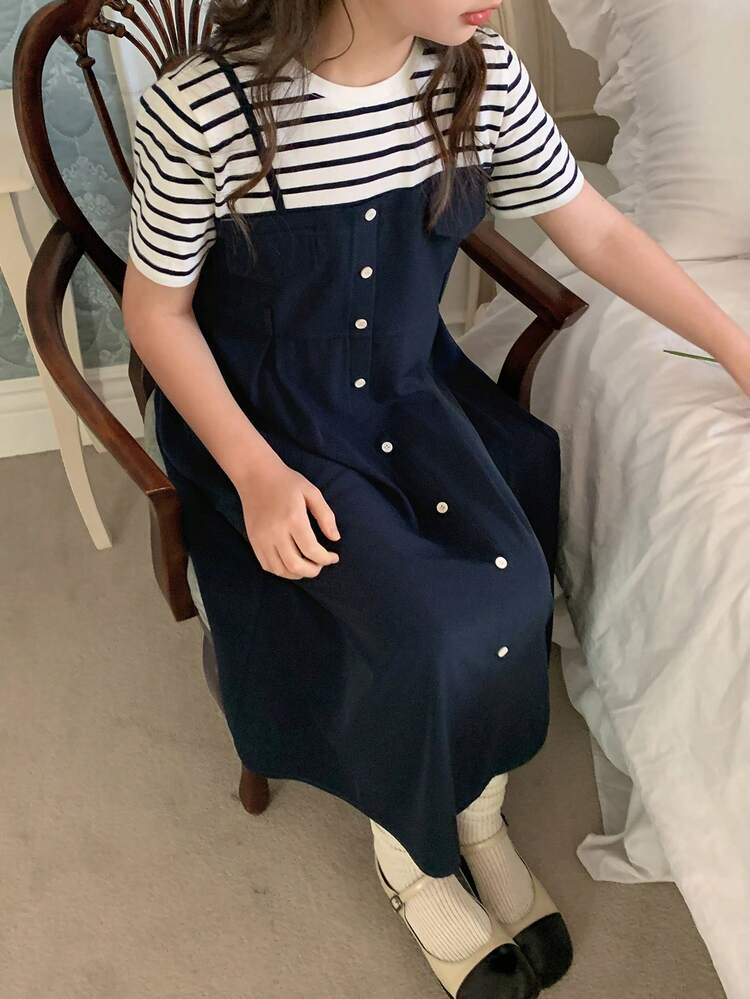 Tween Girl Striped Patchwork Round Neck Short Sleeve Button Design Casual 2 In 1 Dress