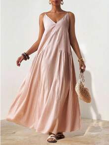 Zivah 2025 春季新品上市 复活节 生日派对 约会 日常出行 必备基础款 休闲度假 邮轮旅行 海滩 街头时尚 极简主义 通勤 V领 细肩带 解构拼接、褶皱细节、隐藏口袋 A字连衣裙 - 藕粉色 - 查看 3