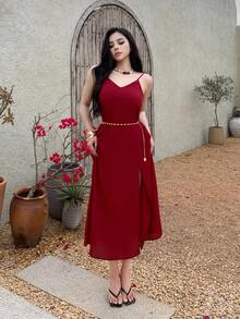 Women's Elegant Solid Color Spaghetti Strap Mid-Length Dress, Summer Maxi Dress Sundress - Burgundy - View 6