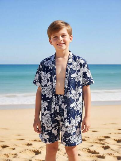 Conjunto de traje de baño de 2 piezas con estampado de flores y hojas para niño preadolescente