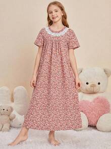 SHEIN Young Girl Ditsy Floral Chiffon Tassel Trim Round Neck Casual Dress Loungewear - Pink - View 5