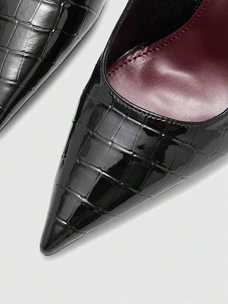 CUCCOO BIZCHIC Women Shoes Black Alligator Pattern Pointed Shoes, Thin High Heel Strap, Contrasting Color Inner Lining, Retro Light Luxury Commuter Dating Elegant Shoes Spring Shoes