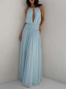 Aloruh 女士优雅镂空系带露背宽松纹理雪纺纯色连衣裙，适合海滩度假 - 淺藍色 - 查看 7