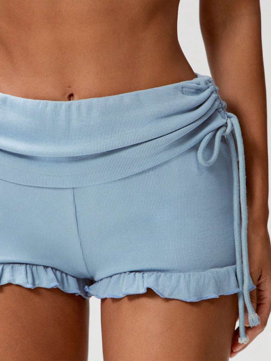 Denimoi Pantalones cortos de mujer de unicolor con diseño anudado, dobladillo con volantes, versátiles para uso diario - Celeste - Ver 1