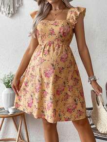 SHEIN Gaun Kasual Hamil Motif Bunga Kerah Persegi Lengan Pendek untuk Liburan - Khaki - View 3