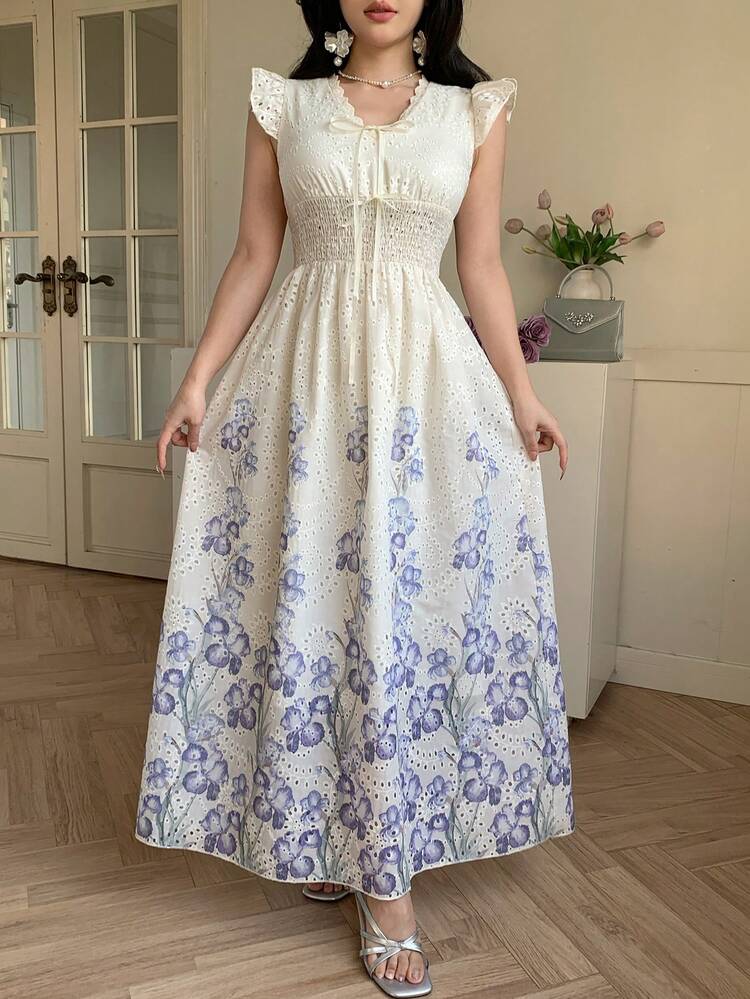 Shirred Cap Sleeve Printed Hollow Waist Dress, Elegant French Style Summer Dress For Women Sundress Boho