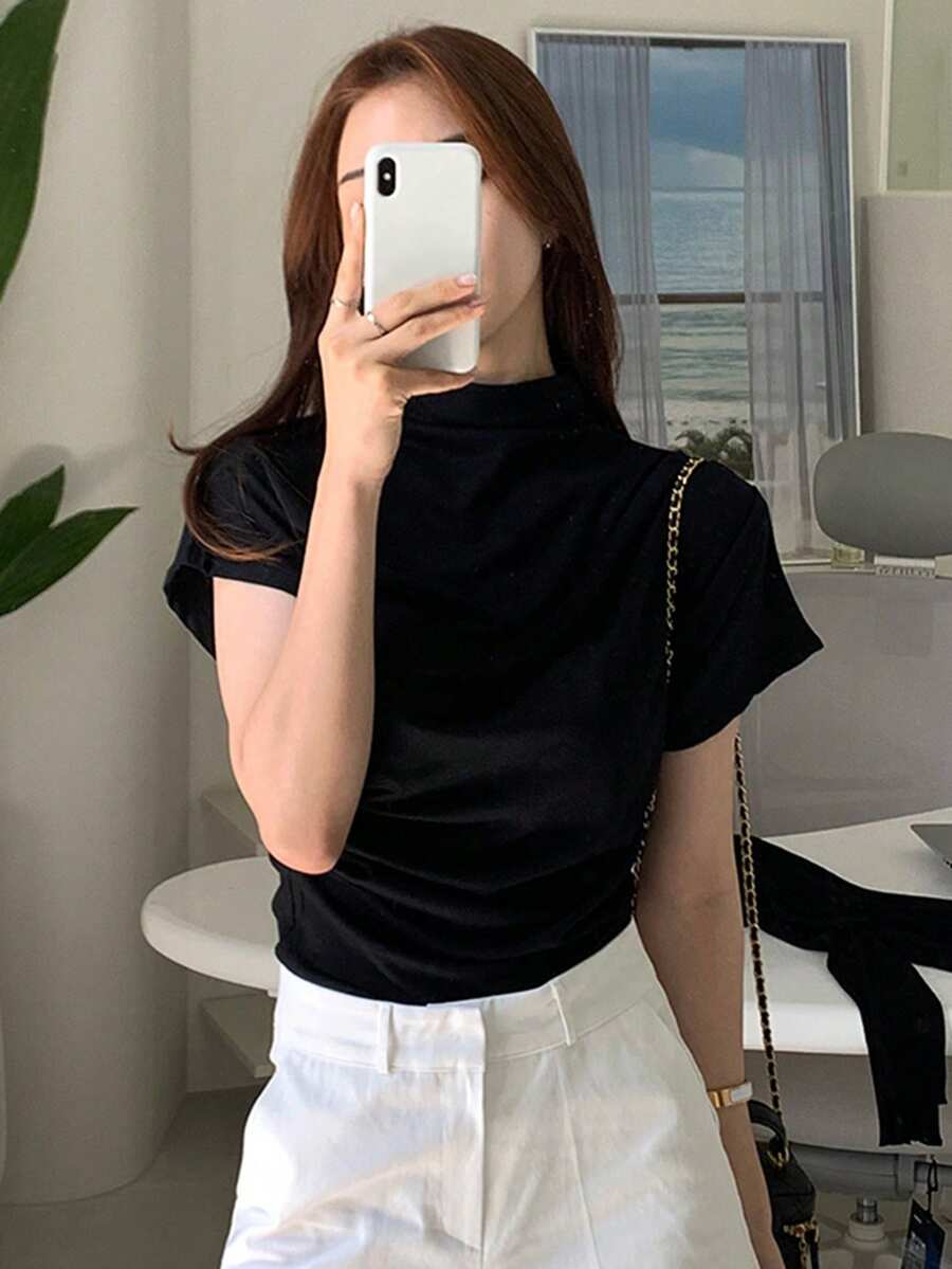 DAZY Women's Ruched High Neck Short Sleeve T-Shirt, Flattering Design, Casual Chic Blouse - Black - View 1