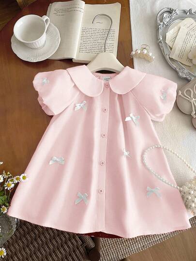 SHEIN Babygirl Cute Pink Peter Pan Collar Bow Tie Short Sleeve Dress, Summer