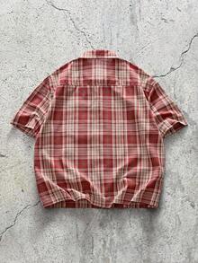 EVRINFINITE 男士宽松短袖格子衬衫（带纽扣） - 紅色 - 查看 2