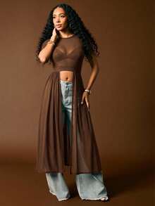 Vixey Sheer Solid Mesh Short Sleeve Split Hem Maxi Top, Elegant, Boho, Spring Tops, Romantic - Brown - View 3