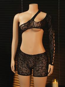 Alluring! ChaseTheNight Black Lace Jumpsuit, Single Shoulder Cutout + Waist Cutout Design, Creates Unique Party Look - Black - View 6