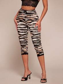 Radiana Sexy Casual Zebra Print Leggings, Bow Lace Trim Leggings, Capri Pants, Skinny Pants, Leisure Pants, Beach Pants, High Elastic Knit Fabric, Slim Fit Curve-Revealing, Suitable For Casual Outings, Urban, Island Vacation, Beach, Holiday, Night, Date, Gathering, Party, Club, Cocktail Party, Carnival, Music Festival, Concert, Festival - Multicolor - View 7
