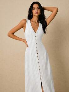 Poéselle 女士条纹V领单排扣休闲无袖连衣裙 - 白色 - 查看 4