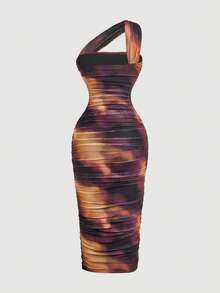 SHEIN MOD 女士复古不对称褶皱无袖连衣裙，秋冬连衣裙，西部牛仔风女装，乡村音乐会服装，老钱风格女装，派对连衣裙，单肩连衣裙，褶皱连衣裙，派对服装，万圣节服装，优雅连衣裙 - 彩色 - 查看 2