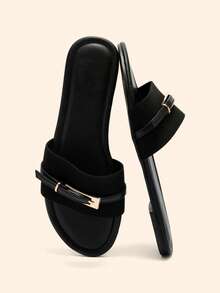 CUCCOO BASICS 女鞋新款时尚百搭黑色针织平底一体式女式平底凉鞋拖鞋轻便不累懒人凉鞋女式平底凉鞋 - 黑色 - 查看 3