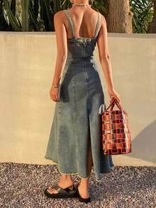 DAZY 女士休闲做旧水洗无袖牛仔连衣裙，夏季 - 藍色 - 查看 2