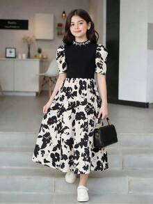 Vestido de punto con estampado de patchwork elegante y de moda para adolescentes - Blanco y Negro - Ver 11