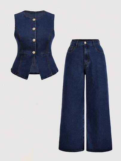 SHEIN MOD Plus Size Women Single-Breasted Denim Vest And Wide-Leg Pants Casual 2 Pieces Set