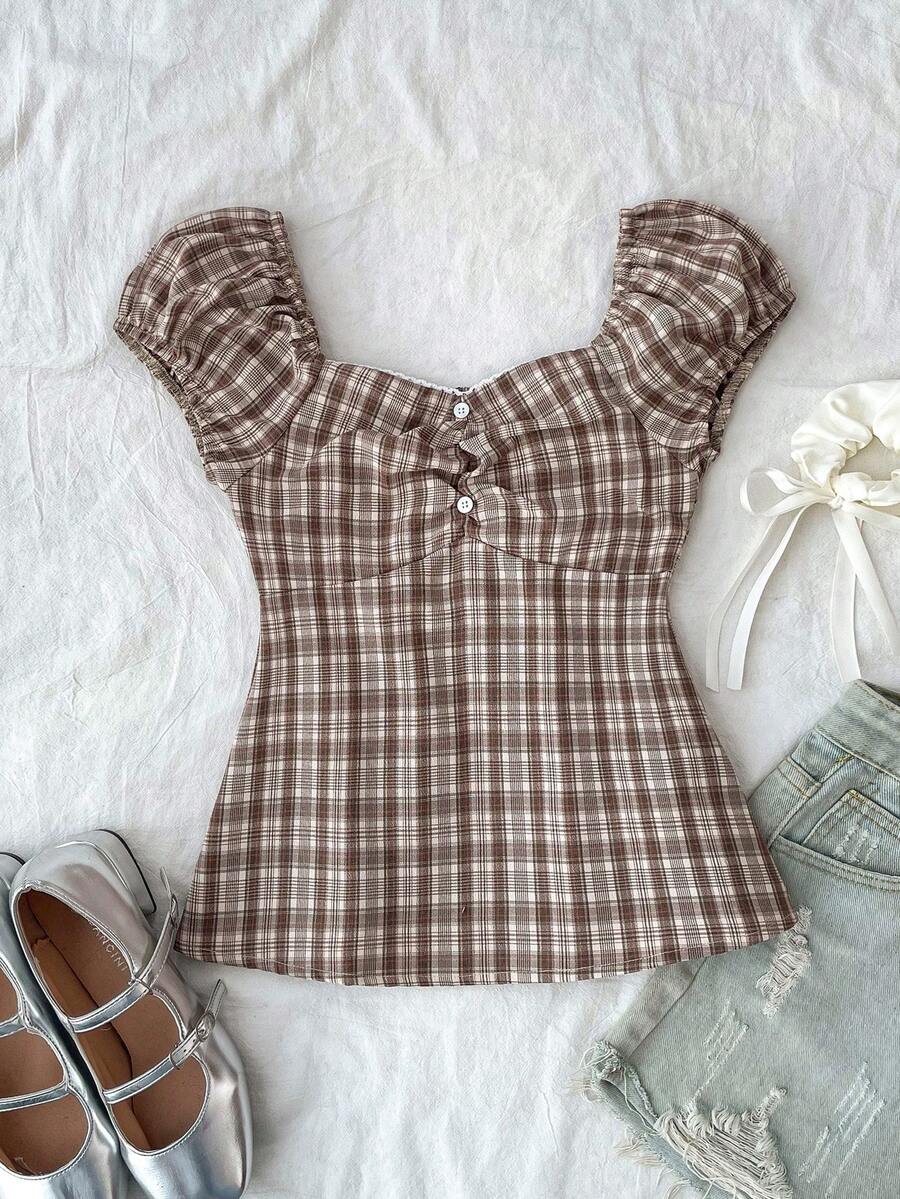 SHEIN 少女春夏格子复古优雅可爱百搭无袖衬衫上衣 - 卡其色 - 查看 1