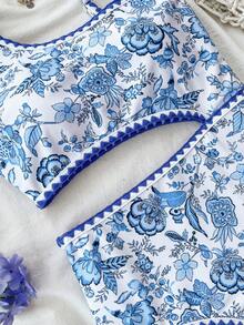 SHEIN 少女花卉撞色贝壳刺绣连体泳衣，适合夏季度假 - 藍白色 - 查看 5