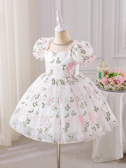 SHEIN Glamorique Kids Young Girl' Princess Party Dress, Puff Sleeves, Apricot, Pink, Colorful Embroidered Floral, Embroidered Mesh Skirt, Cute Puffy Dress, Suitable For All Seasons, Birthday Party, Wedding, Holiday