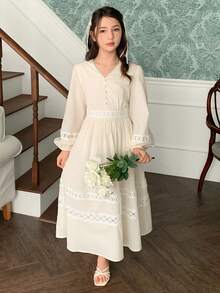 DAZY Tween Girls V-Neck Puff Sleeve Dress, Fall - Beige - View 3