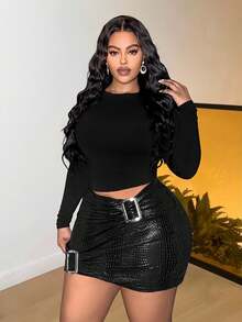 Slaydiva 大码女装春夏新款纯色皮革金属装饰褶皱性感百搭约会派对迷你裙 - 黑色 - 查看 11