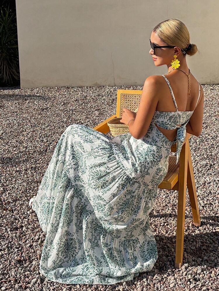 Bohemian Printed Chiffon Spaghetti Strap Dress, Slimming Beach Holiday Long Dress For Women Sundress Summer Boho