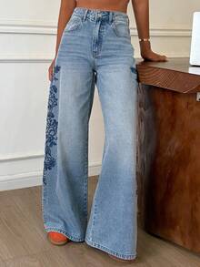 DAZY Quần jeans nữ ống đứng dáng rộng, cạp thường, thêu họa tiết bên hông, kiểu dáng thường ngày. - Rửa nhẹ - Xem 2