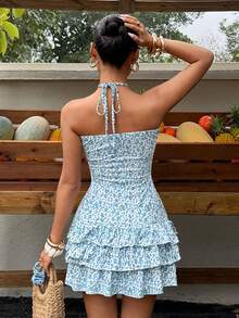 Sunnyshic Women's Ditsy Floral Halter Neck Ruffle Hem Bodycon Mini Dress - Multicolor - View 2