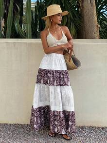 Chân váy dài dáng rộng cạp chun dành cho nữ, họa tiết hoa điều, phong cách boho mùa hè. - Màu nâu  Mocha - Xem 3